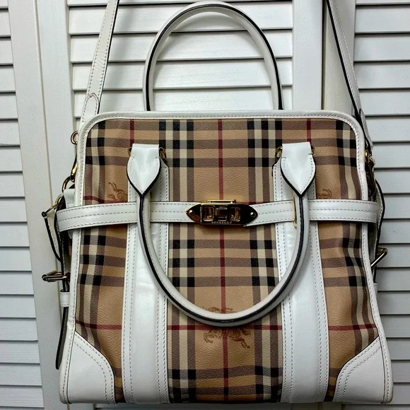 VTG Burberry Minford Satchel Haymarket Coated Canvas White Leather Gold Hardware - Picture 2 of 16